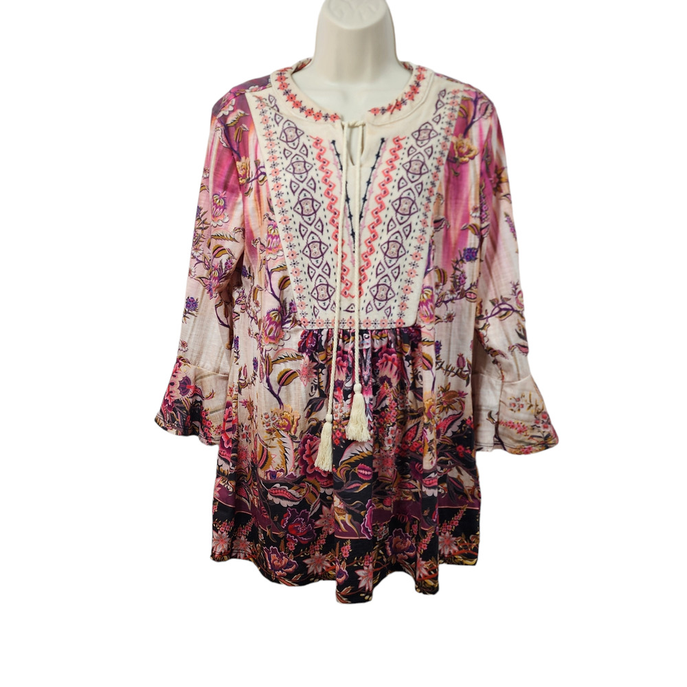 Womens Tunic Top Farmers Market by Oneworld Medium Pink Floral Velour Stretch